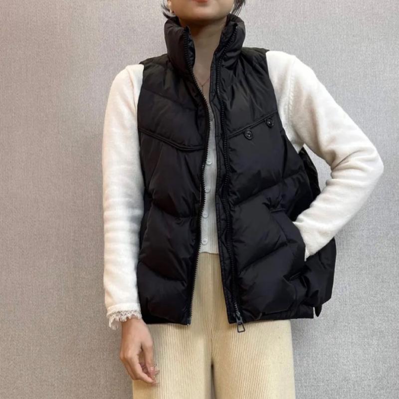 Leichte, lockere, ärmellose Thermoweste für Damen in weißer Entendaunenjacke, schicke All-Match-Weste mit Taschen und Stehkragen