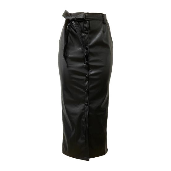 Jupe Femme Simili Cuir Taille Haute Fente Avant Enveloppante sur les Hanches avec Boutons Ceinture Fermeture Jupe de Ville Trajet