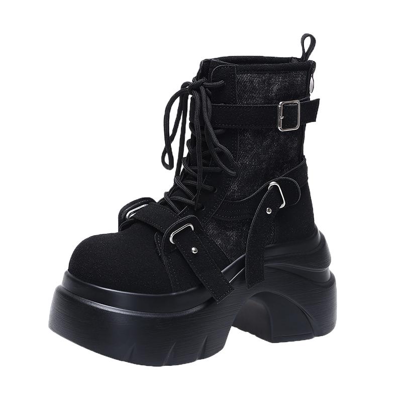 Mode 9CM Automne Hiver Bottes Gladiateur Femme Talons Épais Cuir Chaussures Punk Boucle Bottes Moto Goth Chelsea Mujer Zapatos