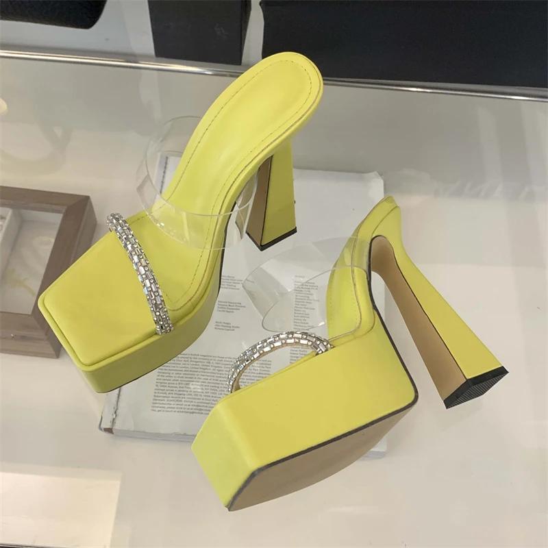 Fashion Eilyken Summer PVC Transparent Square Toe Platform Woman Slippers Fashion Crystal Thick High Heels Slides Shoes