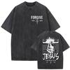 Washed Vintage Jesus Is King Print T Shirt Unisex Loose Christian Clothing Short Sleeve Tshirts Mens Oversized Cotton Tshirt
