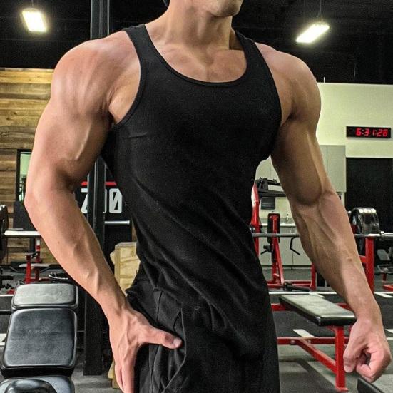 Men Summer Vest O-neck Sleeveless Slim Fit Tank Tops Wide Shoulder Straps Ribbed Solid Color Casual Sports Vest Quick-Drying Fitness Top