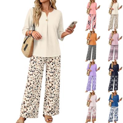 Women Casual Button Front Top with Three Quarter Sleeves and Printed Wide Leg Pants Two Piece Set Lightweight Comfortable Outfit