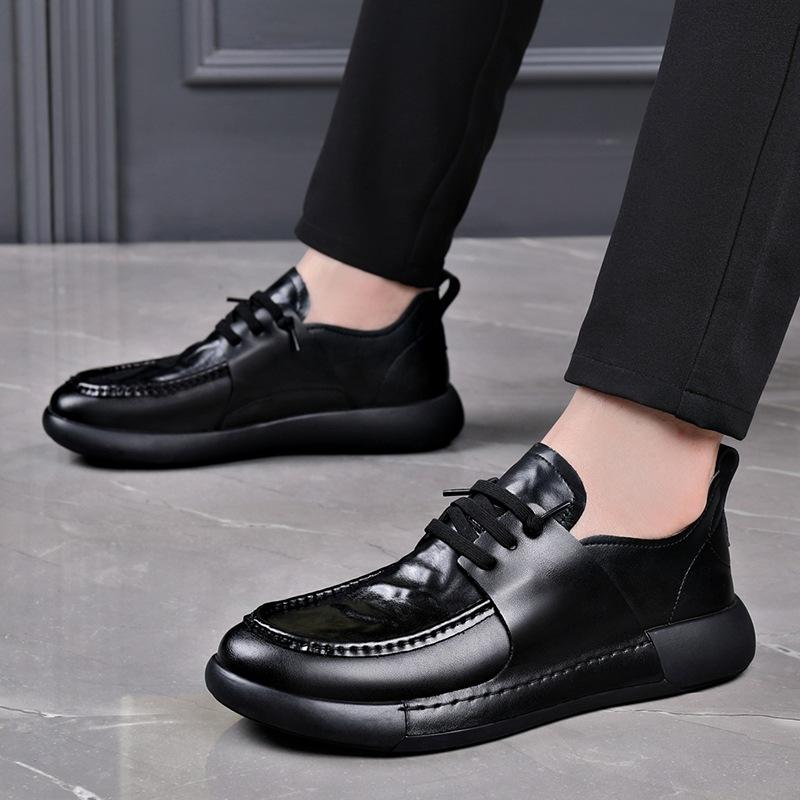 FashionAutumn Winter Cow Leather Men's Dress Shoes Fashion Casual Men's Round Toe Lace-up Shoes Black New Designer Loafers Male