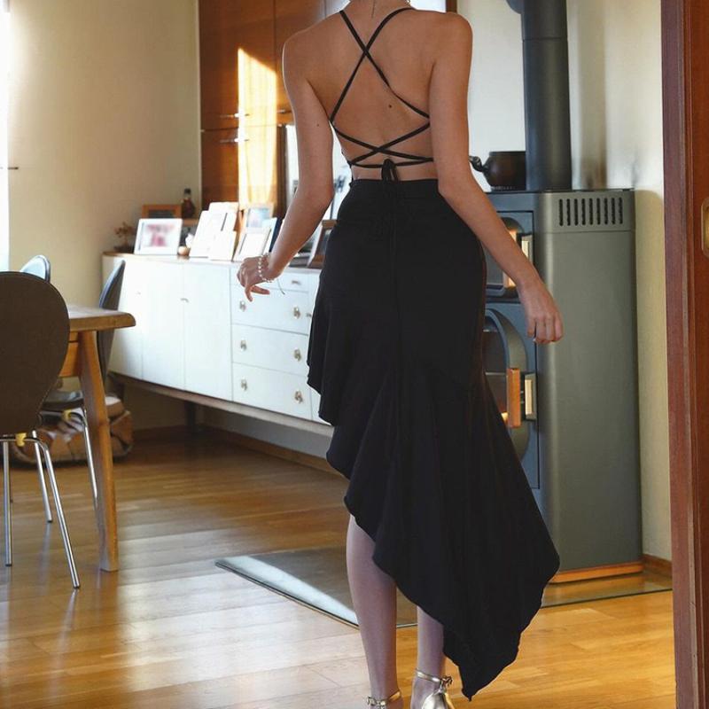 European and American Summer Sexy Backless Lace Up Suspender, Solid Color Irregular Dress for Women