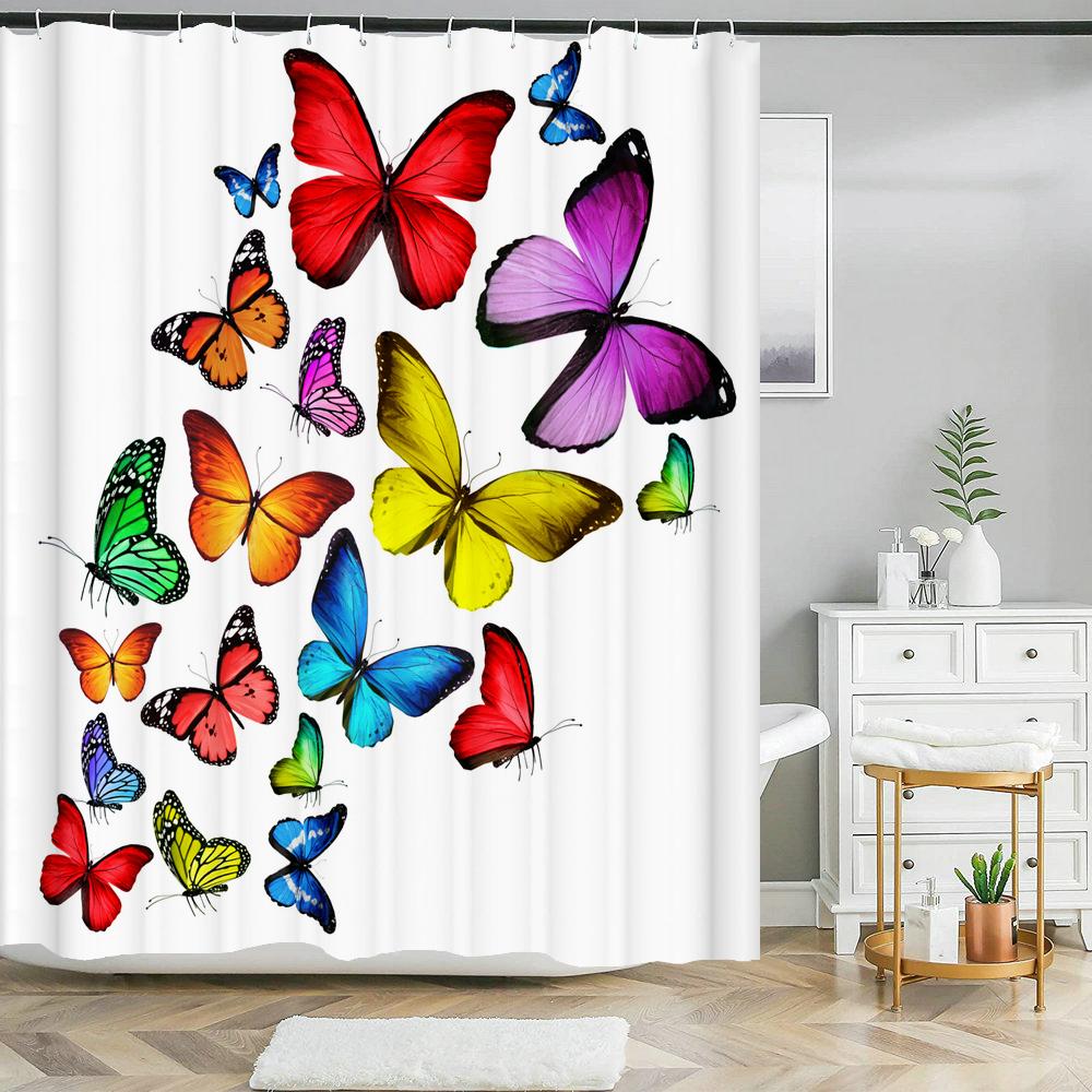 Bathroom Shower Curtain 3D Beautiful Butterfly Printing Polyester Waterproof Curtain Home Decoration Curtain with Hook 180x180cm
