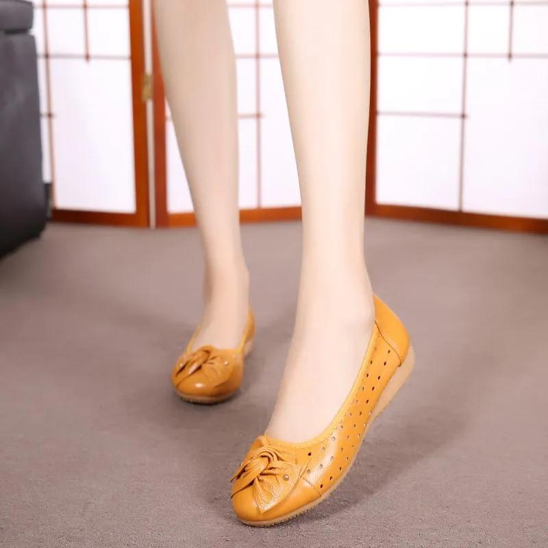 Women's Female Ladies Mother Woman Flats Shoes Loafers Genuine Leather Slip On Summer Round Toe Size 35-43