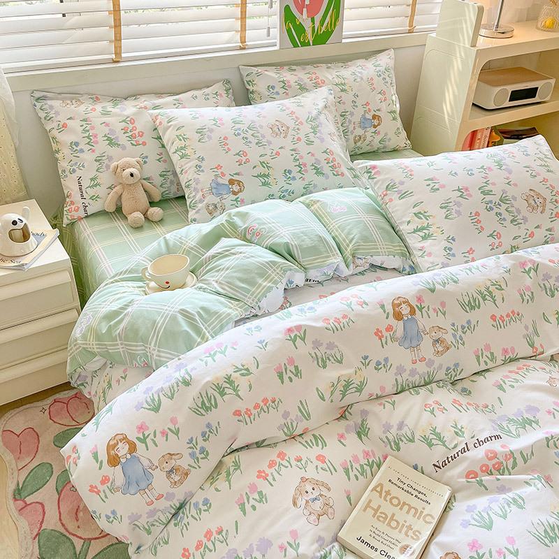 Pure Cotton 60-count Four-piece Set, Pure Cotton Thickened Bed, Three-piece Set, Long-staple Cotton, Small Fresh Quilt Cover, Fitted Sheet