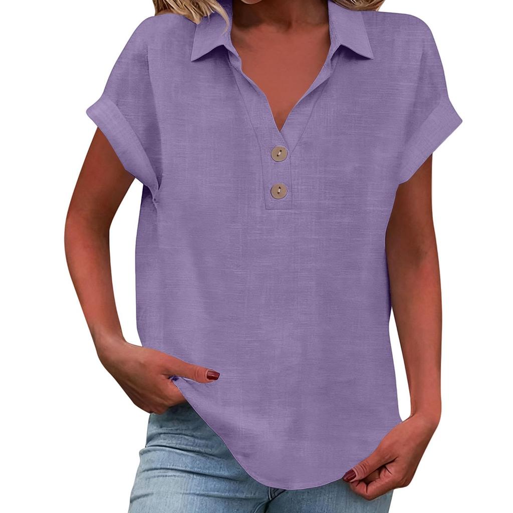 Mode Casual Dam -Färgknappad Krage Kortärmad Skjorta T-shirt Topp