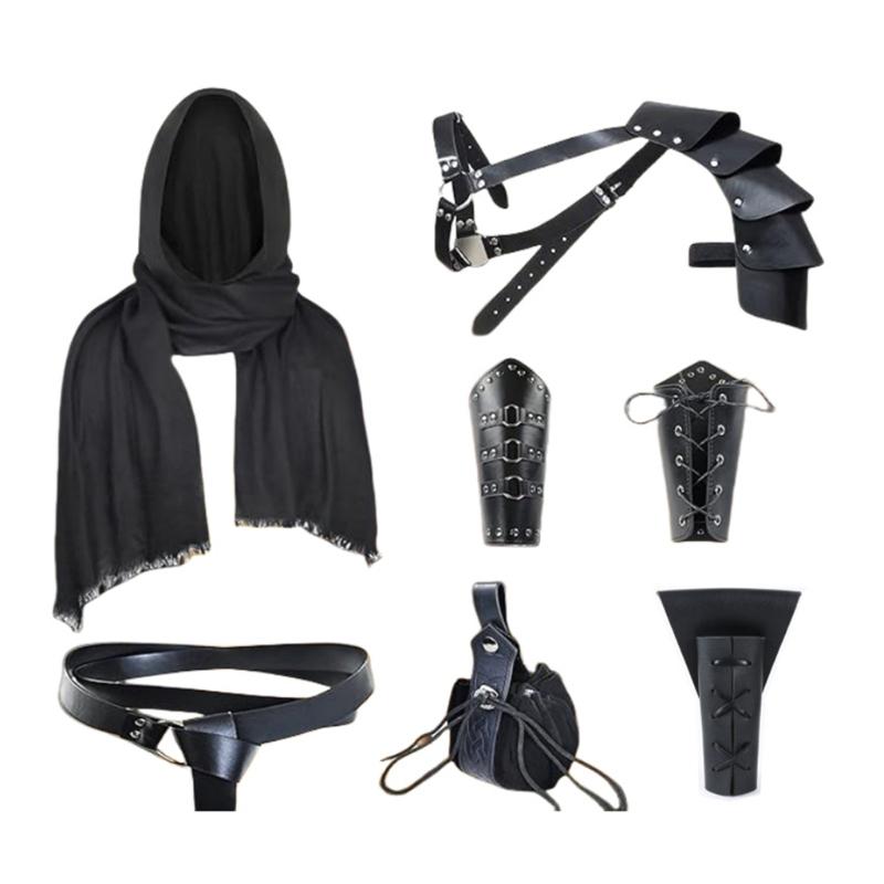 Completing Medieval Knnight Outfit Set Includes Faux Leather Shoulder Armors and Accessories for Historical Reenactments