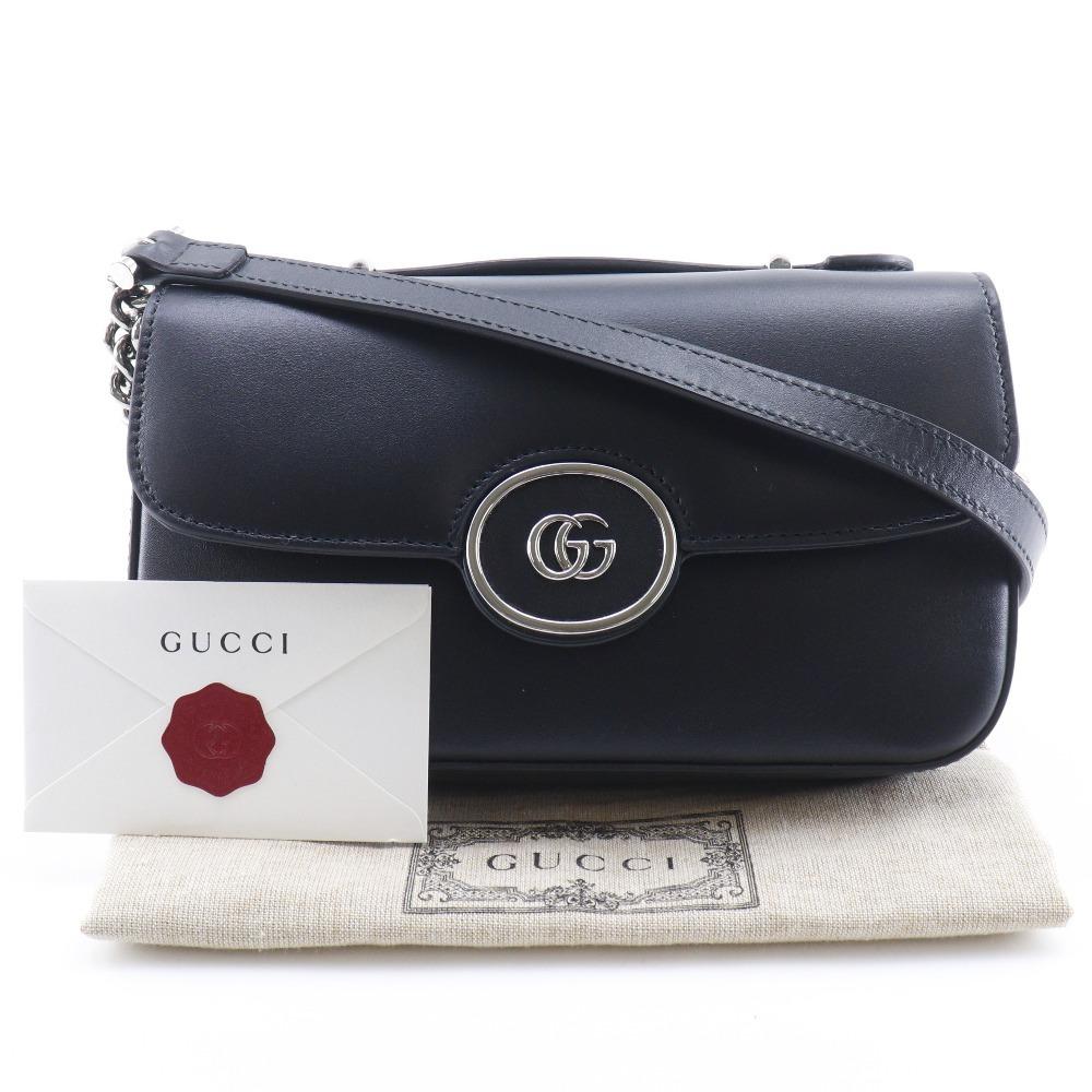 Gucci Bolsa de Ombro Petit GG 739722 Double G 2 Vias Couro Preto Feminina Usada