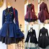 Women's Gothic Lolita Bow Decor Long Sleeve Corset Waist Flared Mini Dress Victorian Renaissance Cosplay Costume