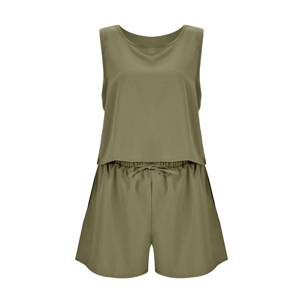 Women's Two-Piece Summer Linen Suit Sleeveless Round Neck Short Vest Wide Leg Casual Shorts Suit