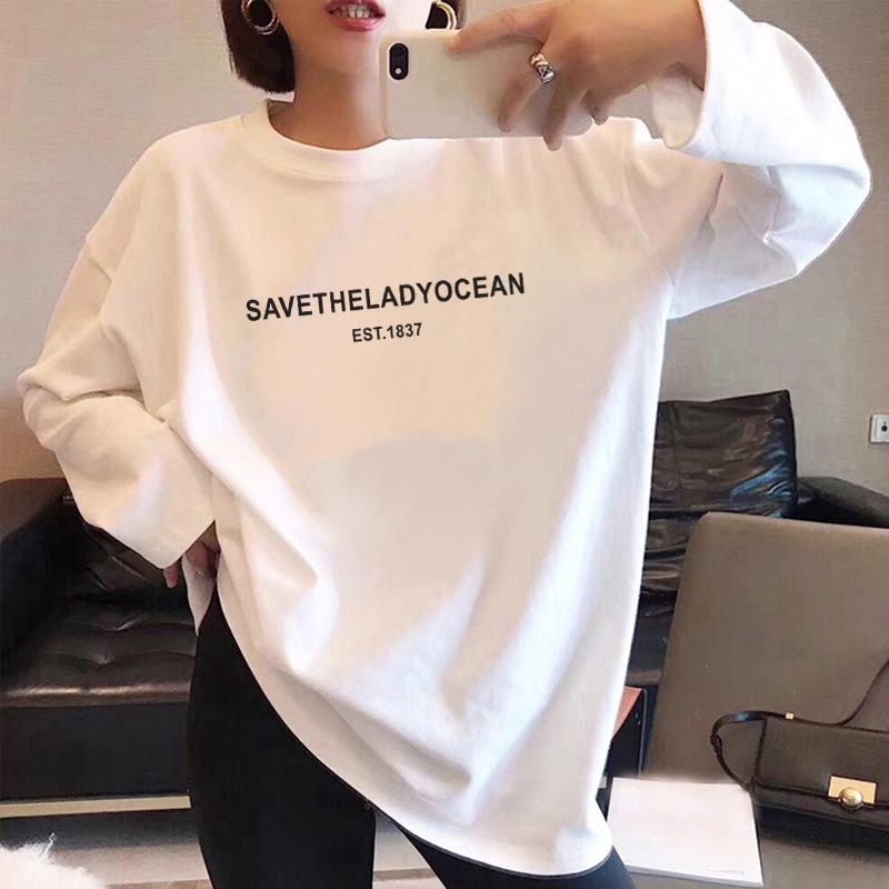 T-shirt de Algodão Solta de Manga Comprida para Meninas - Preto, Top Moderno de Primavera/Outono, Estilo Estudantil Versátil.