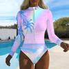 Women Long Sleeve One Piece Swimsuit Zip Front Seaside Scenery Print Rash Guard Surfing Bathing Suit