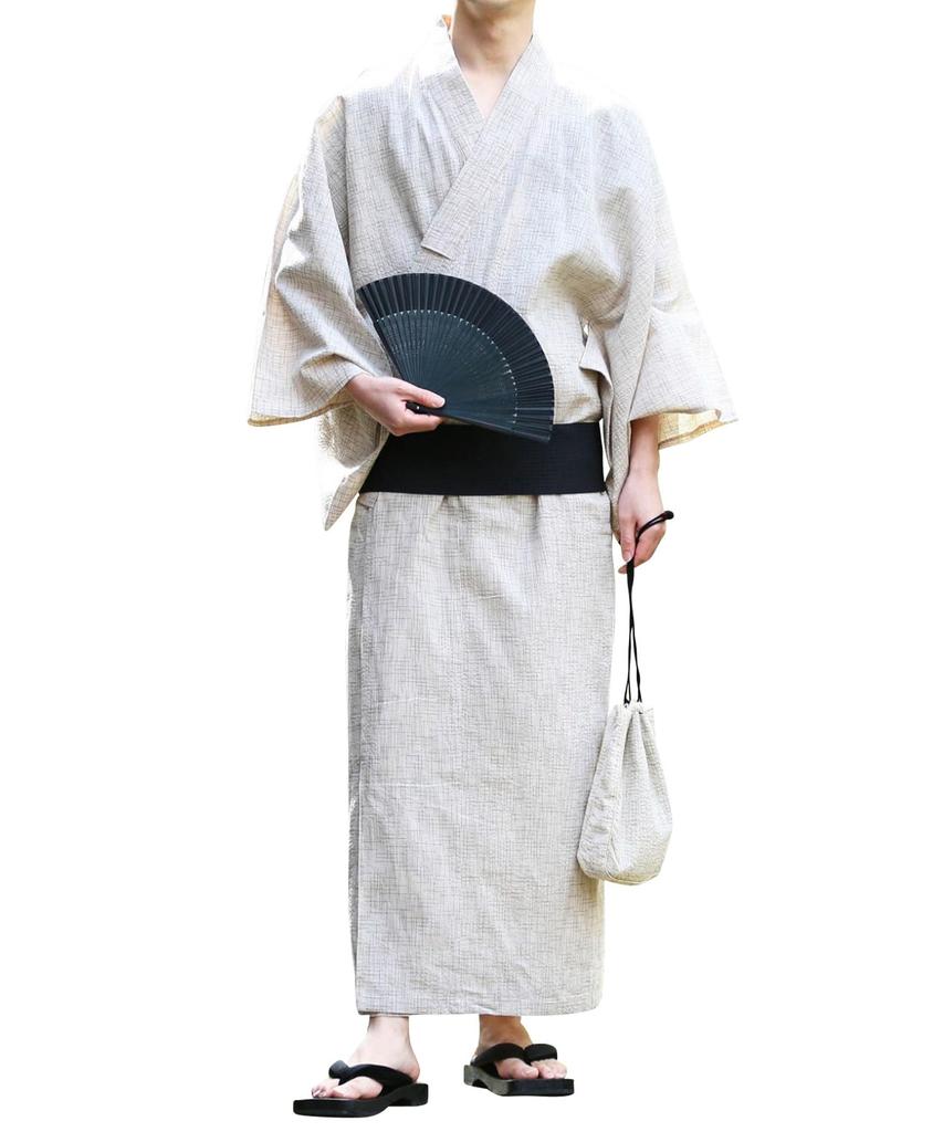 Rochelle Yukata Set Shingen Folding and Waist Size Natural Kasuri Pattern Easy To Yukata Summer Solid Japanese Men's 6-Piece (Yukata, Obi, Geta, Bag,