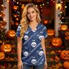 Women's V-Neck Short Sleeve Work Shirt with Pockets Halloween Print Caregiver Uniform Top