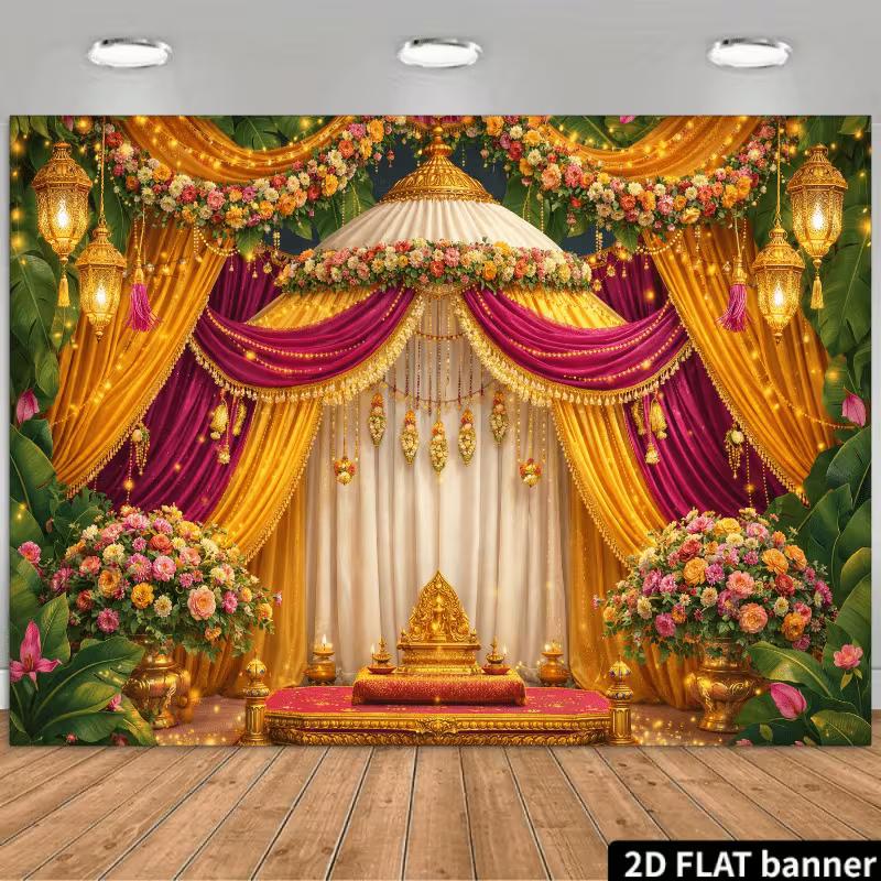 2D Elegant Indian Mandap Backdrop, Pink & Gold Drape Wedding Ceremony Banner