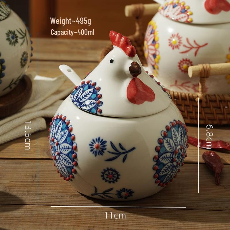 Ceramic Chick Spice Jar with Lid & Spoon - Moisture-Proof, High-End Kitchen Salt & Chili Shaker.