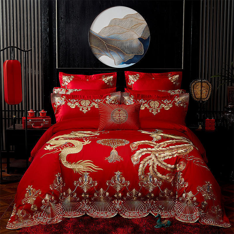 Long-staple Cotton 100-count Wedding Four-piece Bed Sheet and Quilt Cover Pure Cotton Dragon and Phoenix Quilt Red Quilt Six-piece and Ten-piece Set