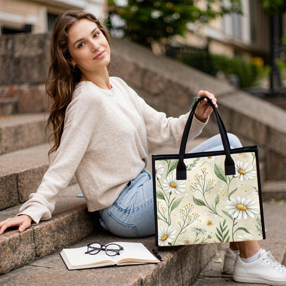 Daisy Floral Printed Casual Daily Tote Bag Lightweight Portable Shoulder Handbag For Women Shopping Travel Commute Use