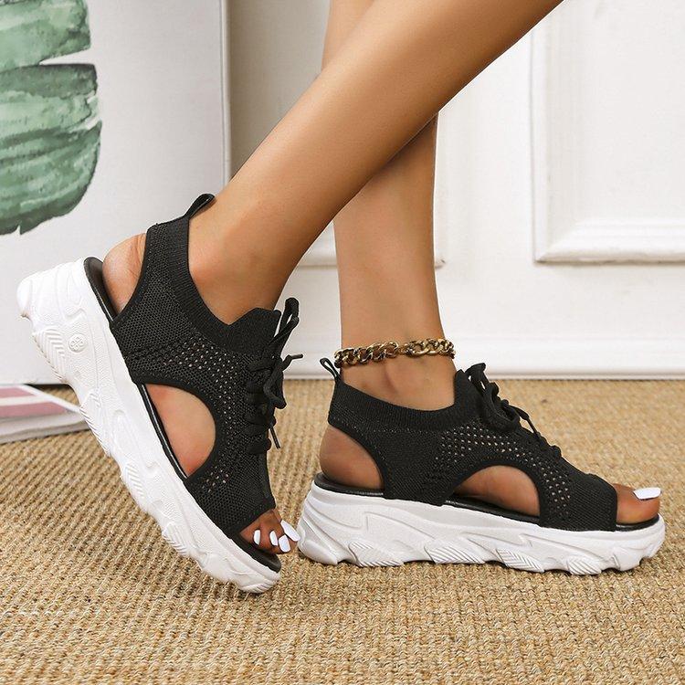 Women's Lace Up Fish Mouth Thick-soled Wedge Heeled Flying Woven Casual Women's Sandals Plus Size