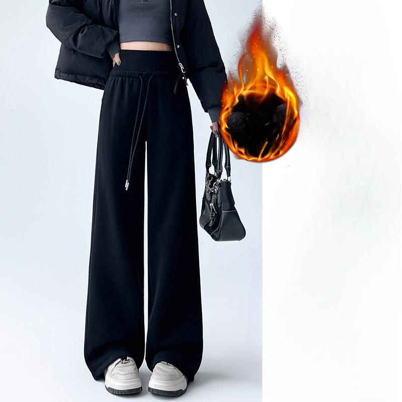 Graue Doppelbund Weitbein Hose für Damen im Herbst und Winter Plus Samt Verdickt Locker Lässig Hohe Taille Drapierter Gerader Sports Hose