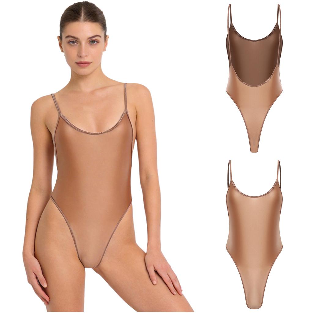 Women Nightclub Beach Swimsuit Oil-shiny Glossy Leotard Backless High-cut Stretchy Sling Bodysuit One-piece Diving Wear