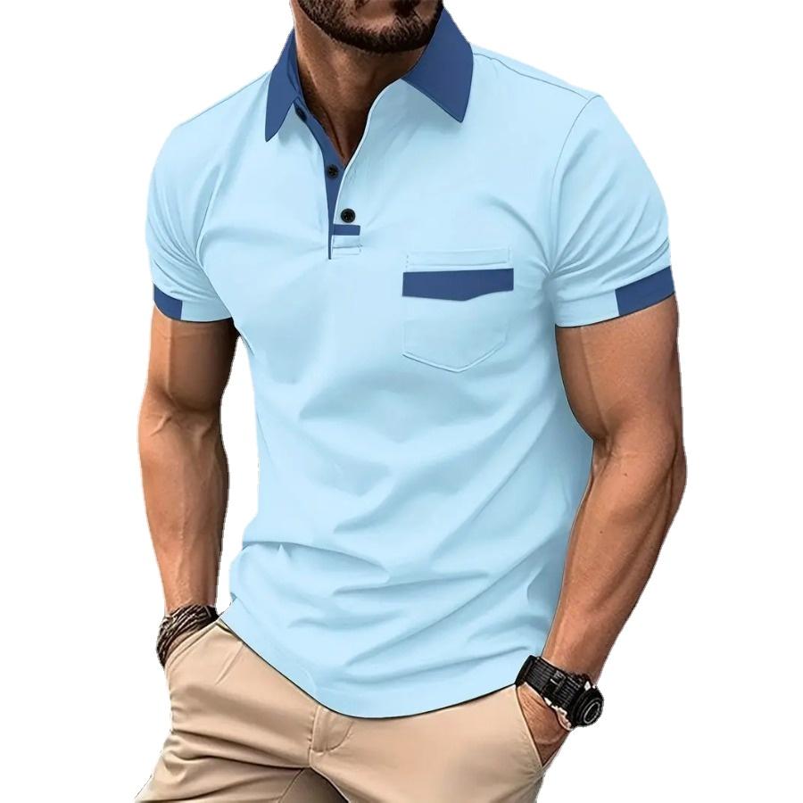 Summer Men's Color Patchwork Pocket POLO Shirt Man Short Sleeve Sports Polos Shirt