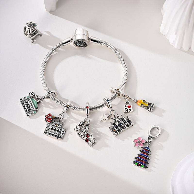 925 Silver Charms Beads Paris Eiffel Castle Church Pendant Fit Bracelet Bangle Pendant Women DIY Jewelry Gift