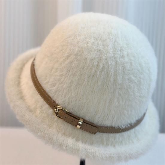 Basin Hat Solid Color Plush Fabric Bucket Hat with Belt Decor Retro Style Basin Hat Autumn Winter Outdoor Activities Daily Wear