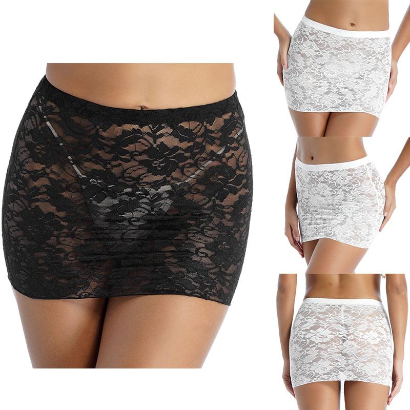 Womens Sheer Lace Miniskirt Floral Pattern Design Mid Waist Elastic Band Nighttime Lingerie Skirt