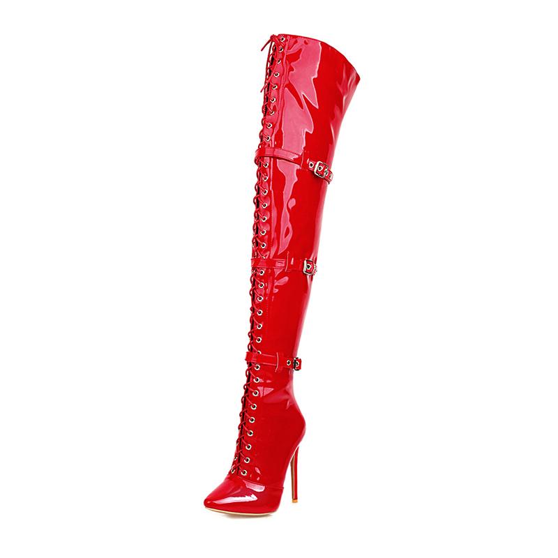 Lucyever Damen Sexy Overknee-Stiefel mit überkreuzten Schnürsenkeln, spitze Zehenpartie, dünne High Heels, Overknee-Stiefel, Lacklederschuhe, Damen, Größe 33–46