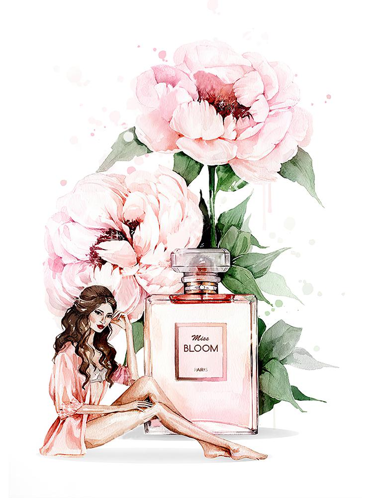 Bouteille de parfum de luxe, fleur de pivoine, peinture sur toile, affiche de mode de beauté Coco, images d'art murales imprimées pour décoration de salon et de maison