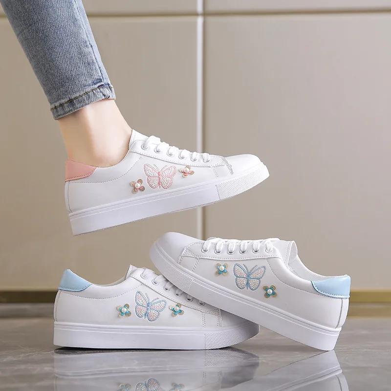 Fashion 2024 Women's Sneakers Fashion Butterfly Embroidered White Flat Shoes Outdoor Lace-Up Casual Vulcanized Shoes Zapatos De Mujer