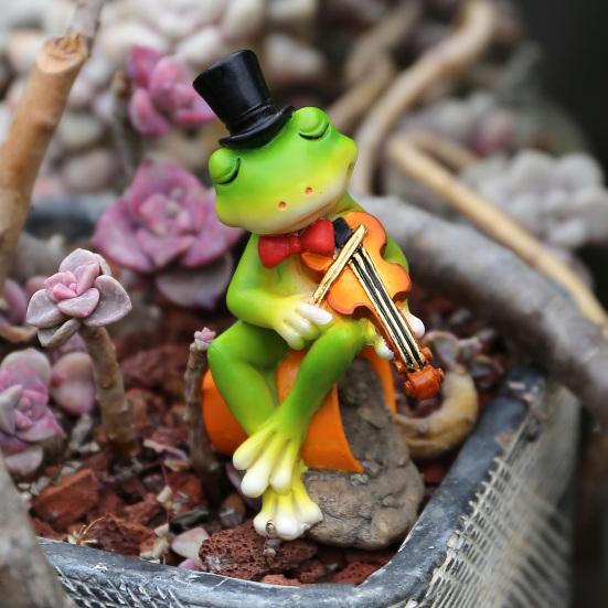 Yangyizhi Micro Landscape Ornament, Mini Frog Violin Playing Statue, Durable Resin Waterproof Hand-Painted Figurines, for Flower Pots Desktop