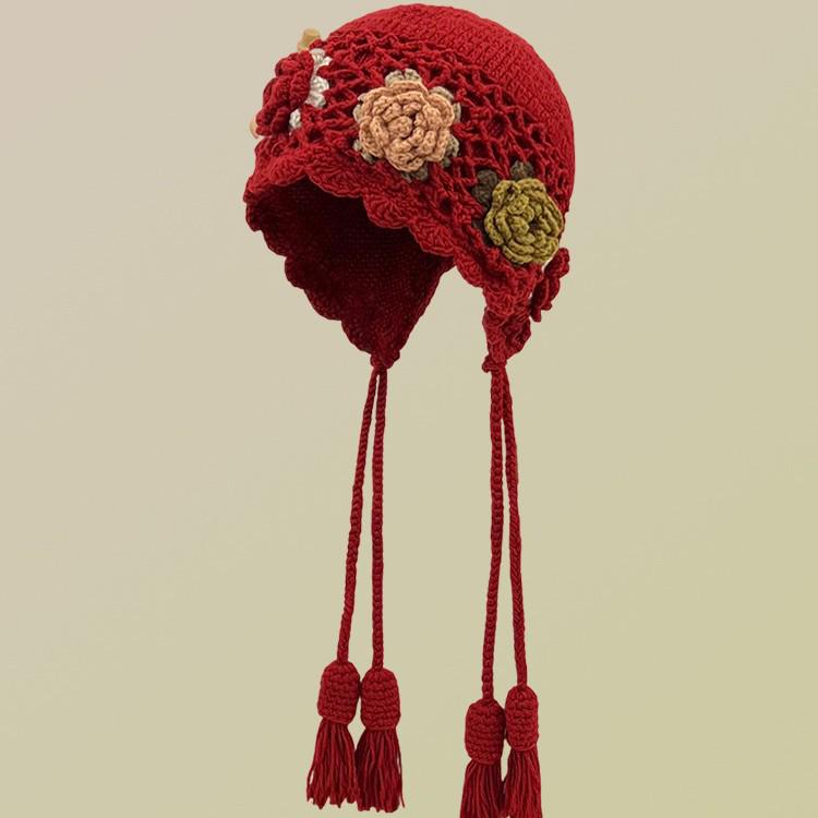 Women's Hand-Knitted Wool Hat with 3D Flowers and Tassels - Ethnic Style Ear Protection for Autumn/Winter Warmth.