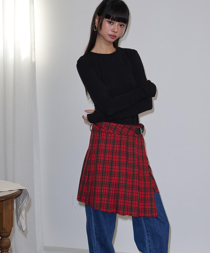 Opening Sunshine Buckle Pleated Check Wrap Mini Skirt_Red