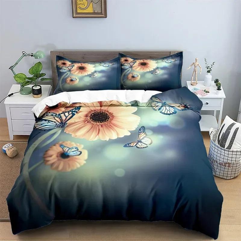 Soft Butterfly Floral Duvet Cover Queen Size 3D Print Bedding Set with Pillowcases for Adults Kids Girls Teens