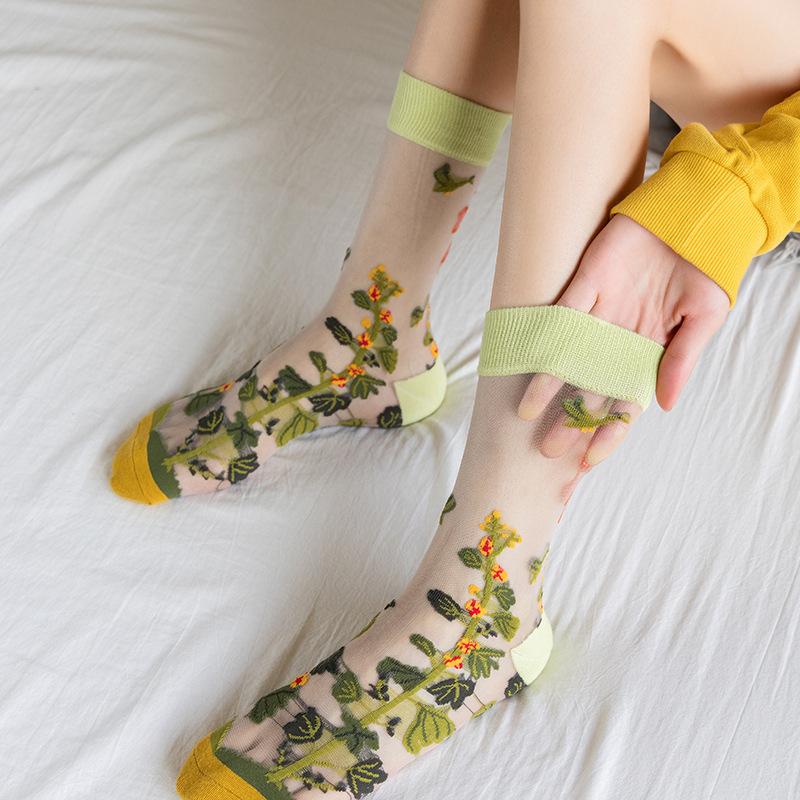 Women Mid Tube Socks Transparent Mid-calf Gauze Flowers Summer Fashion