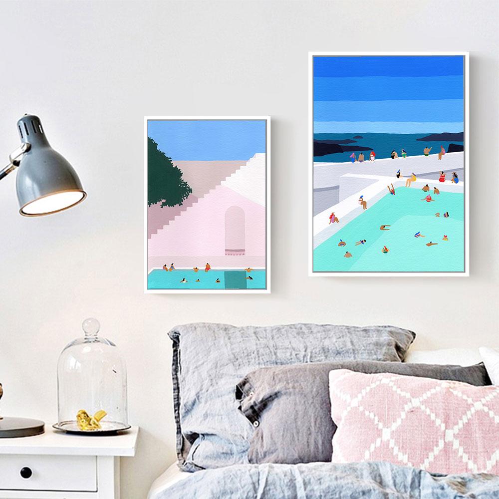 Greece Travel Poster Minimalist Swimming Pool Art Print Nordic Canvas Painting Modern Santorini Wall Picture Bedroom Home Decor