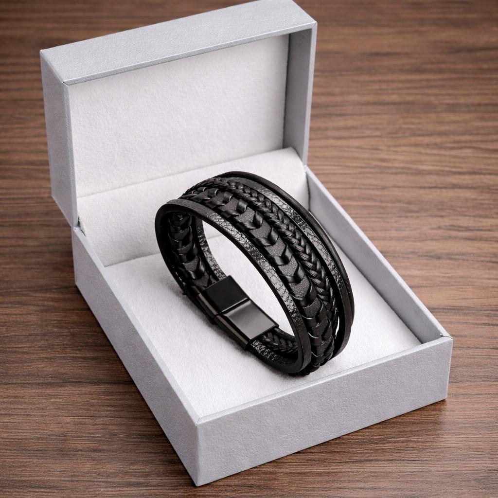 Men' Black Titanium Braided Leather Bracelet for Men