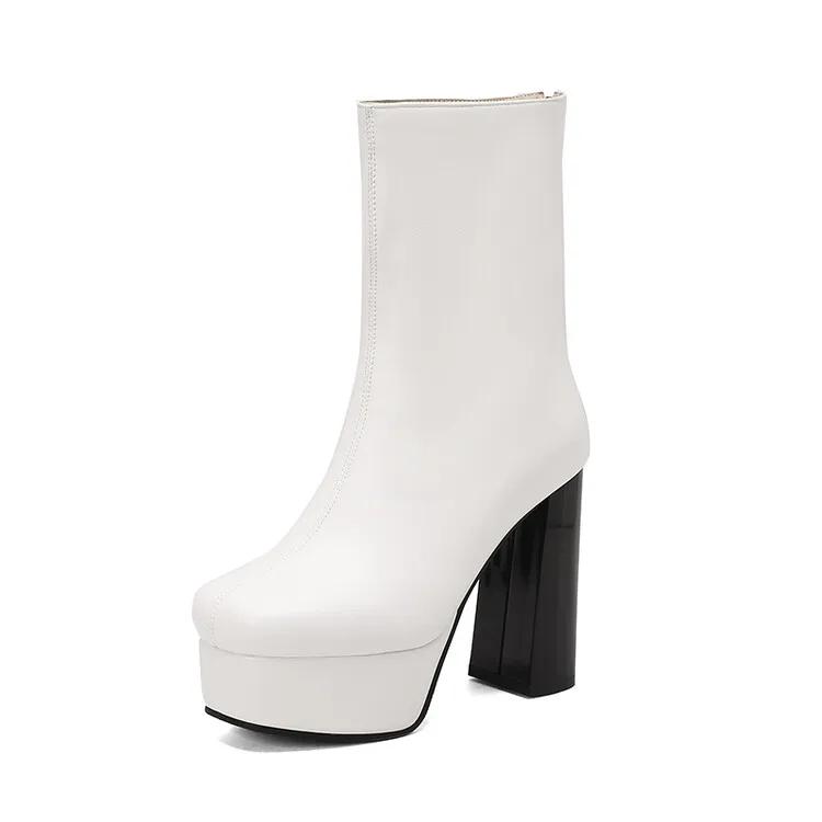 Mode Platform Dames Enkellaarsjes Glanzend Pu Leer Vierkante Hoge Hak Punk Laarzen Herfst Winter Schoenen Wit Zwart Bruin
