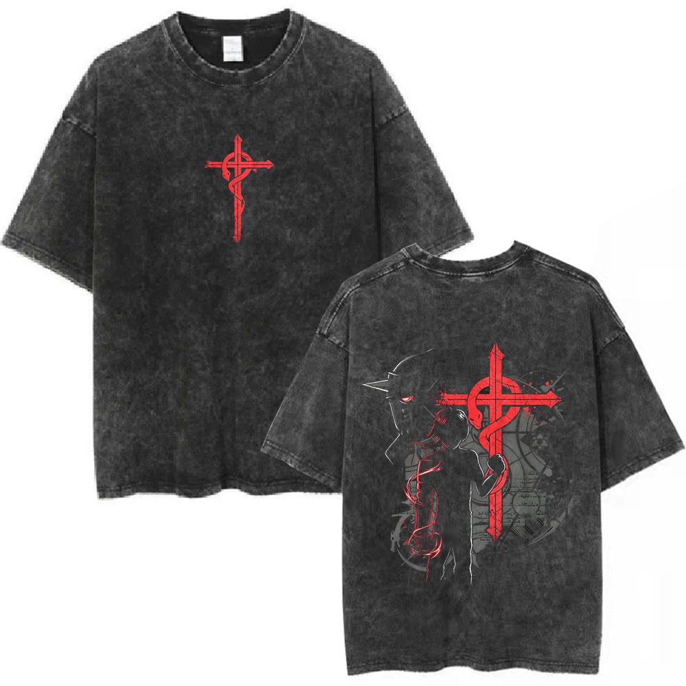 Vintage Washed Anime Fullmetal Alchemist Edward Elric Alphonse Elric TShirt Men Women Fashion Casual Cotton Oversized Tshirts