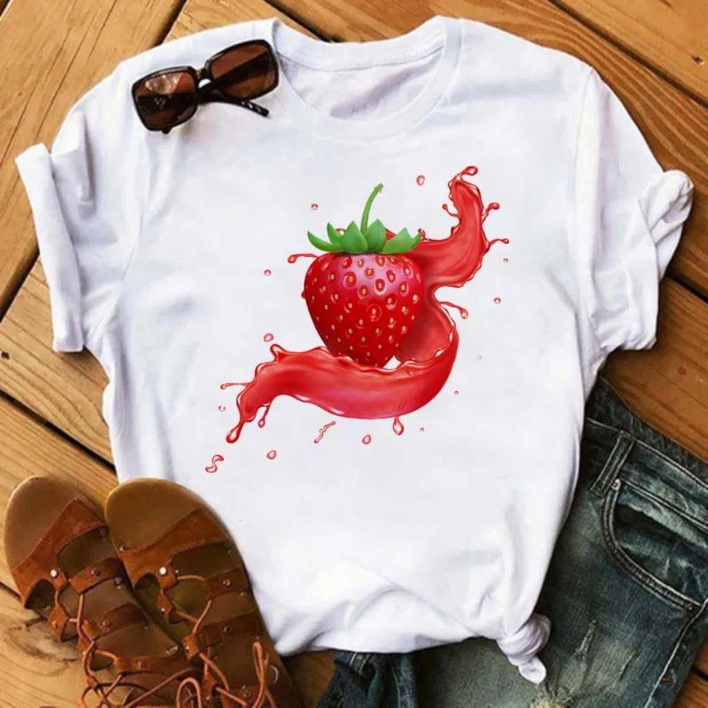 New Kawaii Fruits Strawberry Print Unisex Tshirt Tops Casual Female Shortsleeved Streetwear Black Round Neck Oversized Tshirts