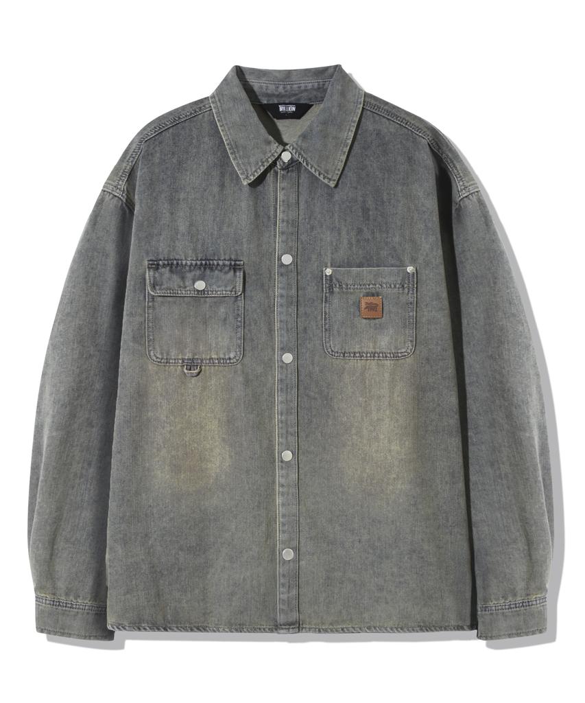 TRILLION Leather Patch Oversized Work Denim Long Sleeve Shirt_Sand Blue