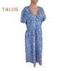 Bohemia Style Midi Dress V-neck Short Sleeve High Waist Women Dress with Pockets Flowy Hem A-Line Dress