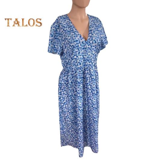 Bohemia Style Midi Dress V-neck Short Sleeve High Waist Women Dress with Pockets Flowy Hem A-Line Dress