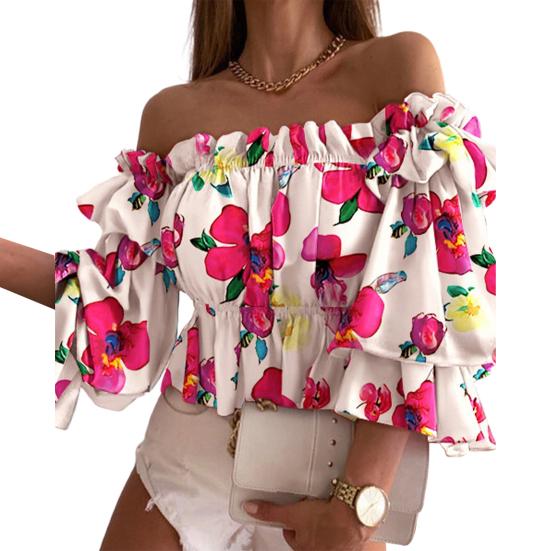 Off Shoulder Multi-layer Top Colorful Pleated Ladies Flare Sleeve Shirt for Dating
