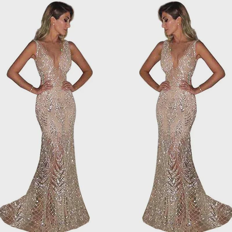 2025 Women's Evening Dress - Sexy Deep V, Sleeveless Sequined Gown